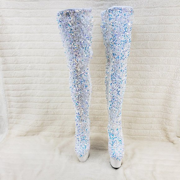 White Ice Multi Stretch Sequin Platform 7" Heels Thigh High Boots 3020 - Picture 7 of 13
